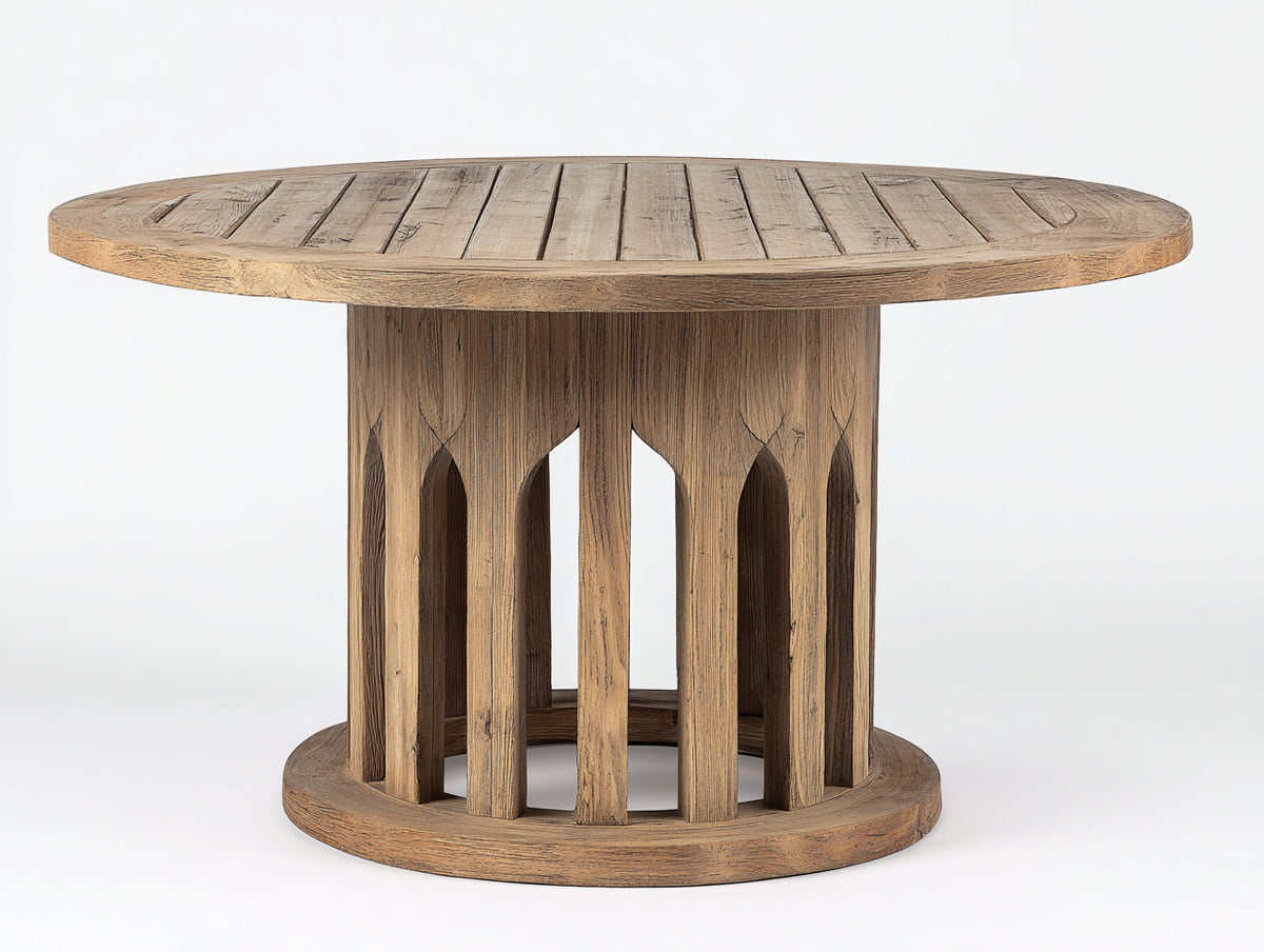 Table de jardin - bois - 150 x 150 x 76 cm - bois vieilli - style architectural avec piètement ajouré