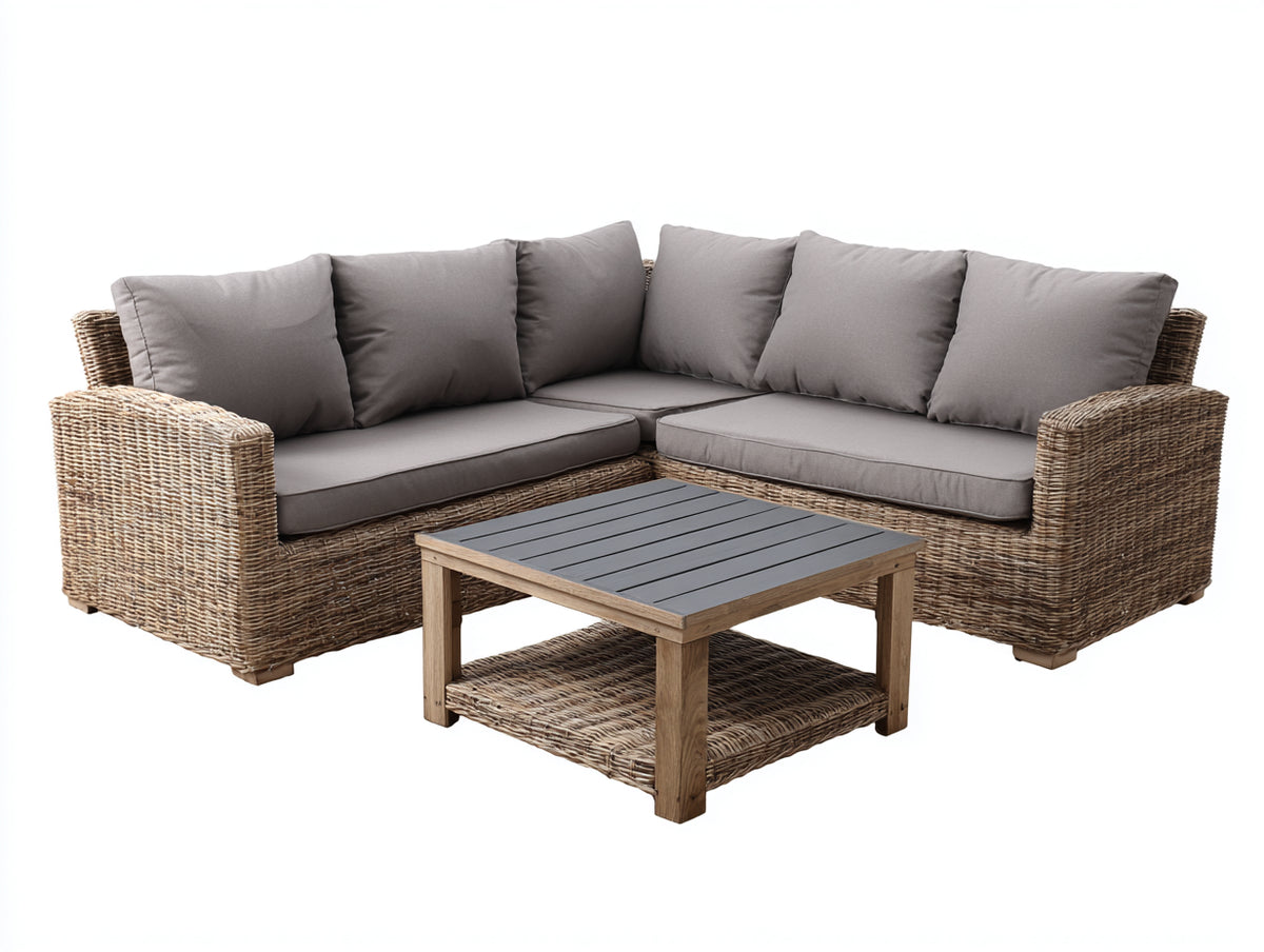 Canapé de jardin - Résine tressée-Tissu-Bois - 230 x 230 x 76 cm - Brun clair-Gris taupe-Anthracite - Style contemporain