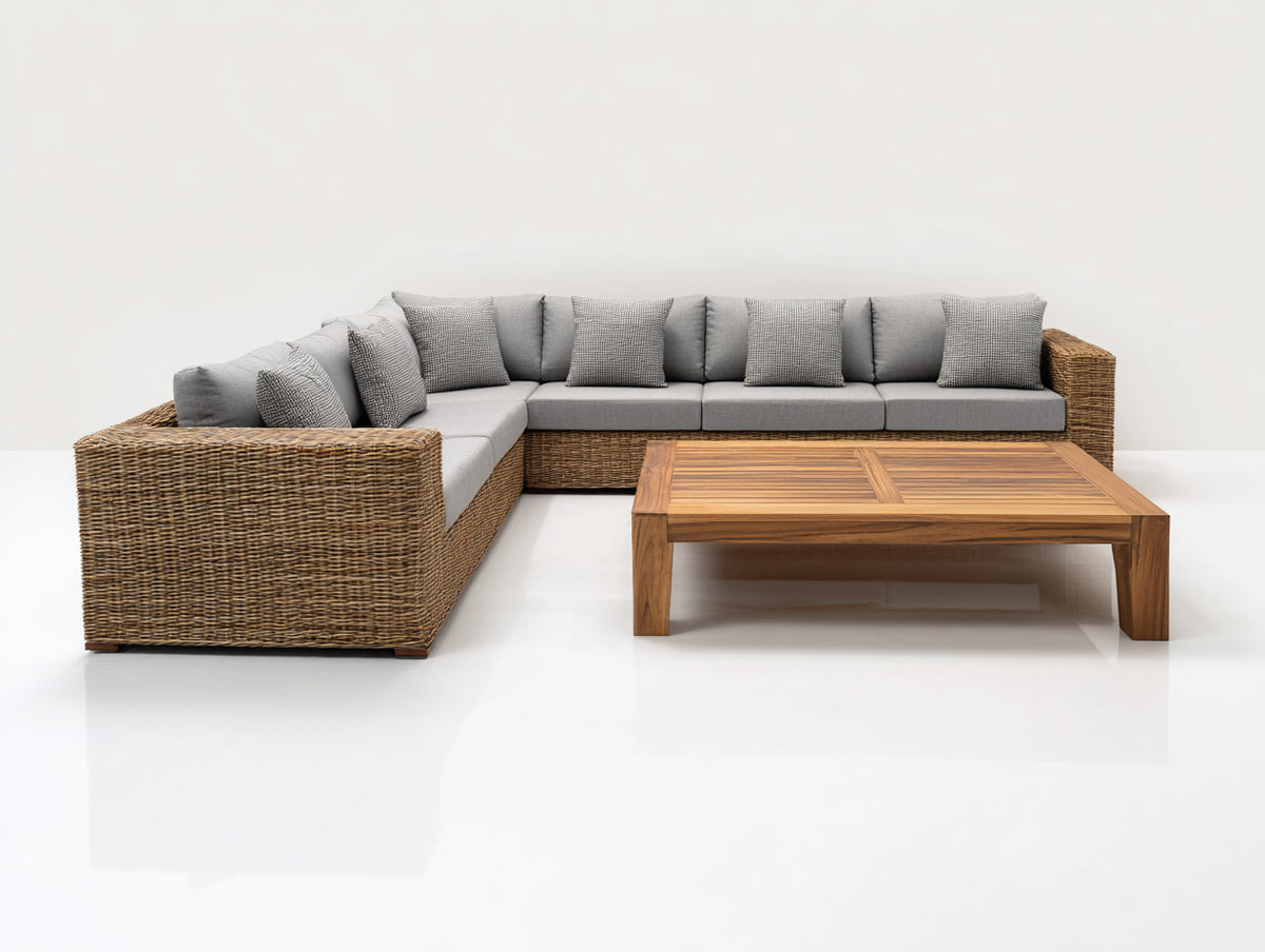 Canapé de jardin - Résine tressée-Tissu-Bois - 305 x 225 x 76 cm - Brun-Gris-Bois naturel - Style contemporain