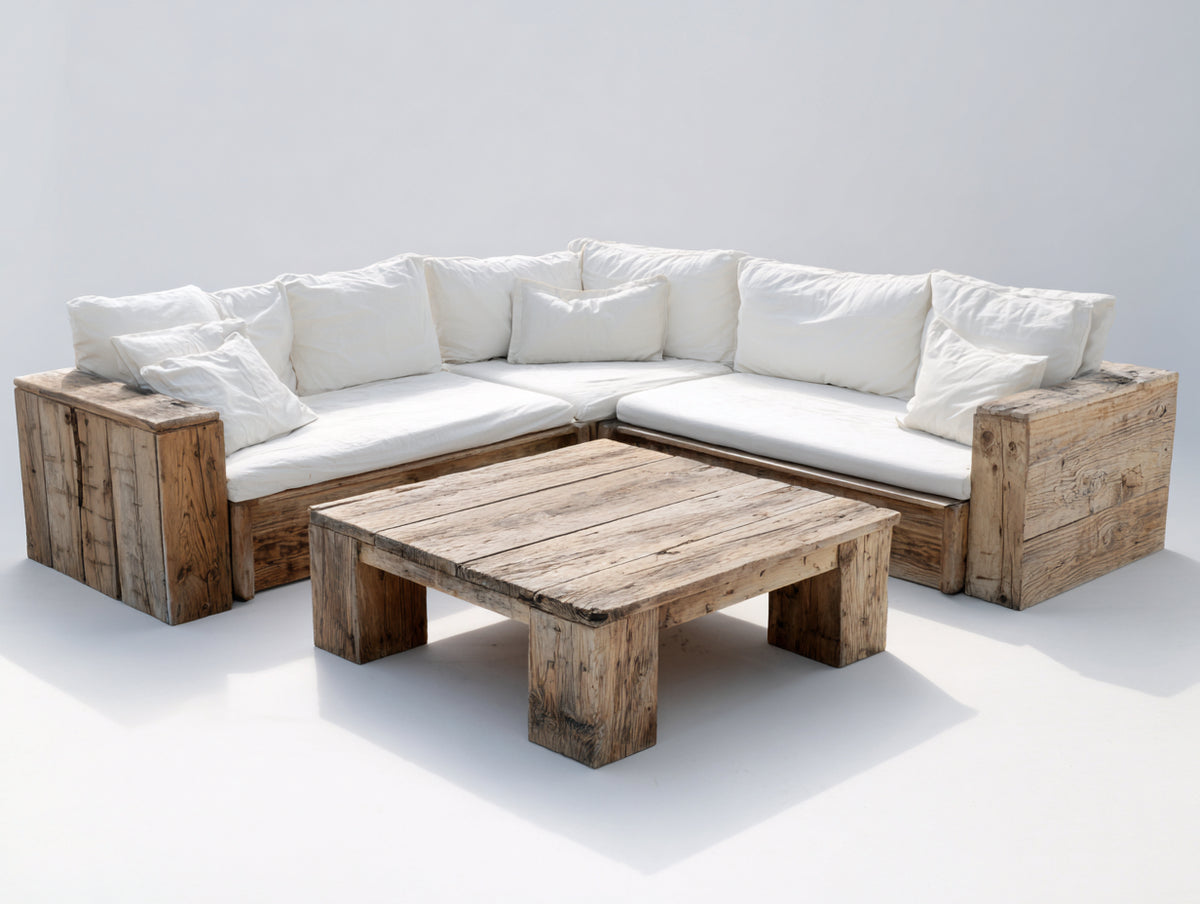 Canapé de jardin - Bois-Tissu - 235 x 235 x 76 cm - Bois vieilli-Blanc - Style rustique