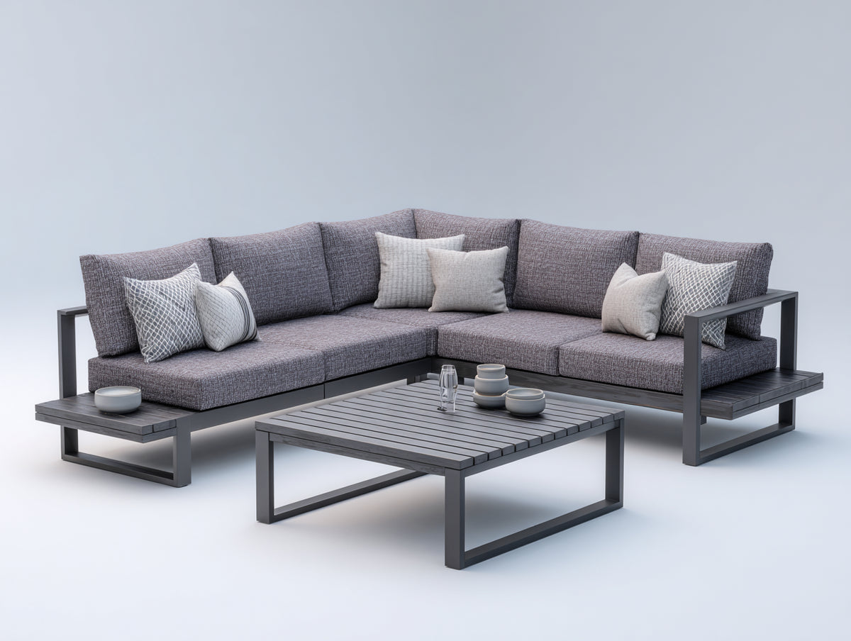 Canapé de jardin - Métal-Tissu-Bois - 242 x 242 x 78 cm - Anthracite-Gris taupe - Style moderne
