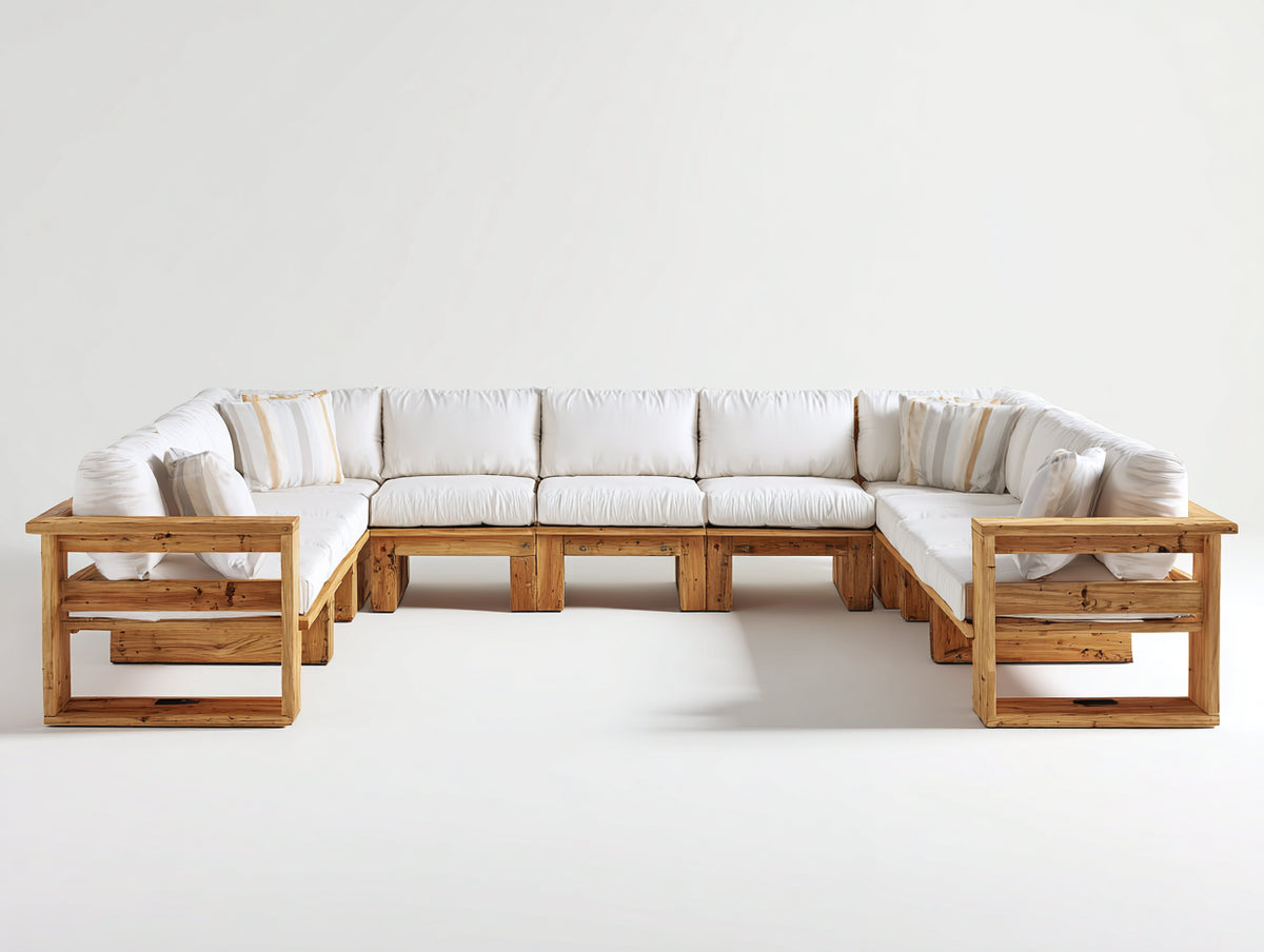 Canapé de jardin - Bois-Tissu - 330 x 220 x 77 cm - Bois naturel-Blanc - Style contemporain