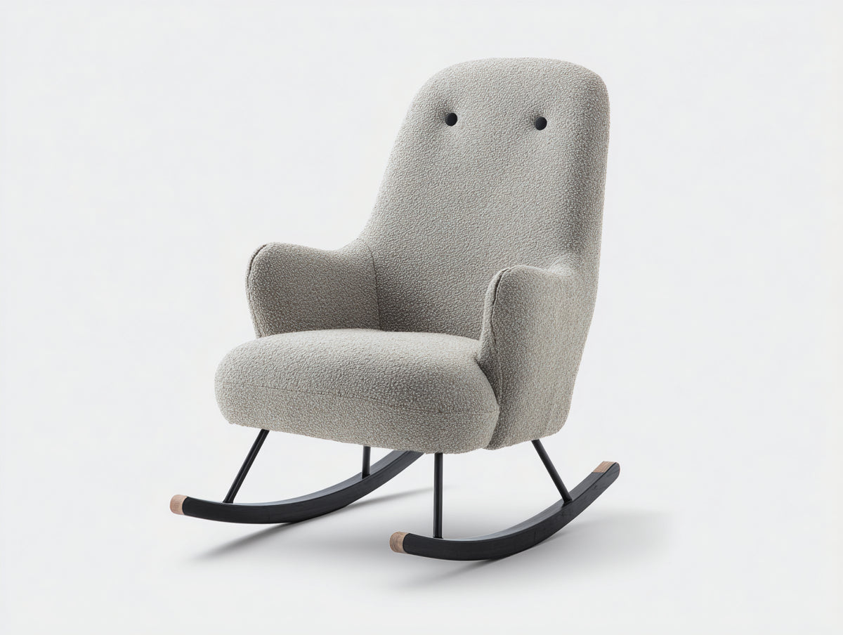 Fauteuil à bascule - tissu bouclé - métal - bois - 84 x 76 x 103 cm - gris clair-noir-bois naturel - style moderne à dossier haut