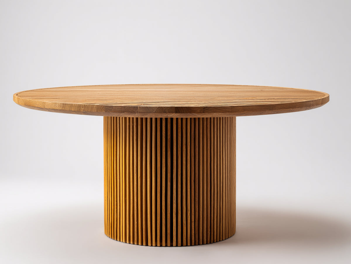 Table de jardin - bois - 140 x 140 x 75 cm - bois ambré - style contemporain avec pied central cannelé