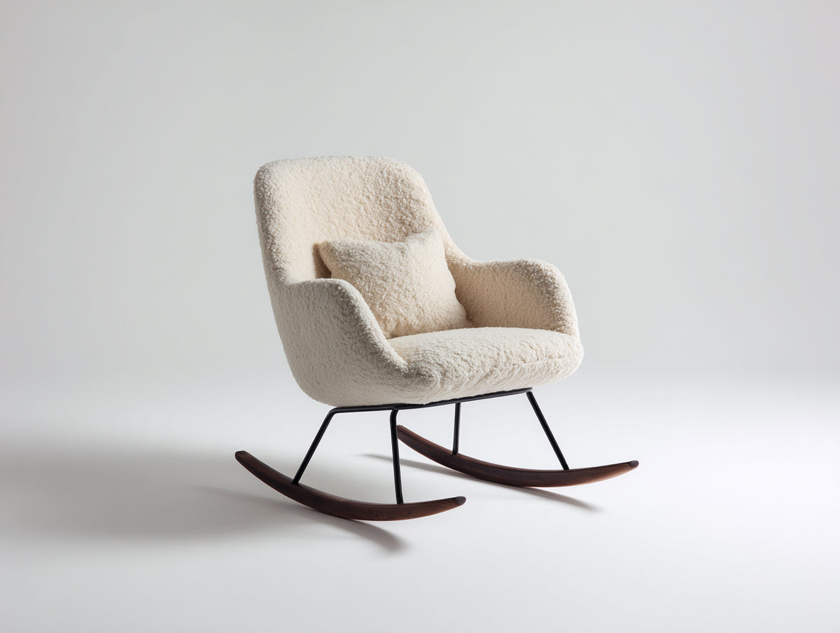 Fauteuil à bascule - tissu bouclé - métal - bois - 85 x 73 x 93 cm - écru-brun foncé-noir - style contemporain