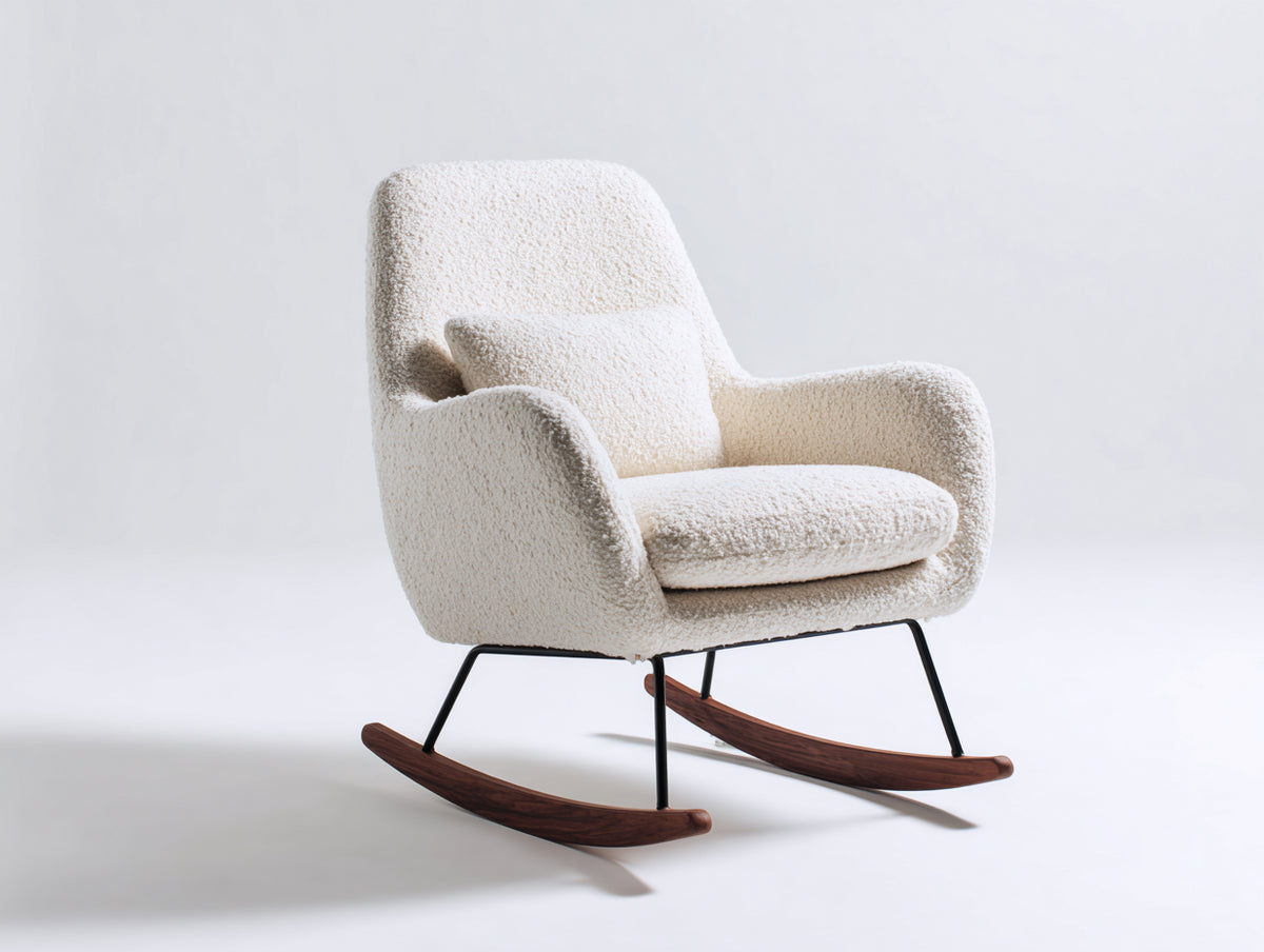 Fauteuil à bascule - tissu bouclé - métal - bois - 87 x 74 x 96 cm - écru-brun-noir - style moderne
