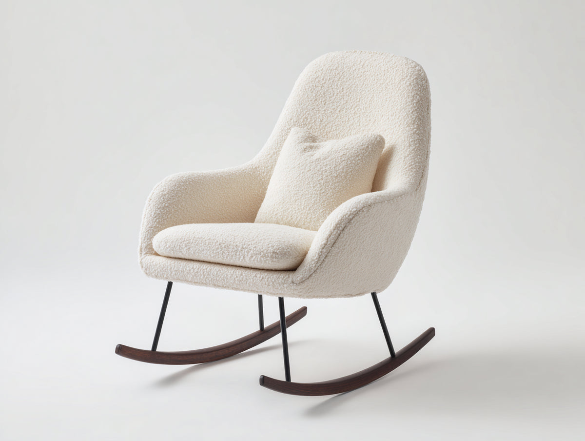 Fauteuil à bascule - tissu bouclé - métal - bois - 88 x 75 x 98 cm - écru-brun foncé-noir - style contemporain