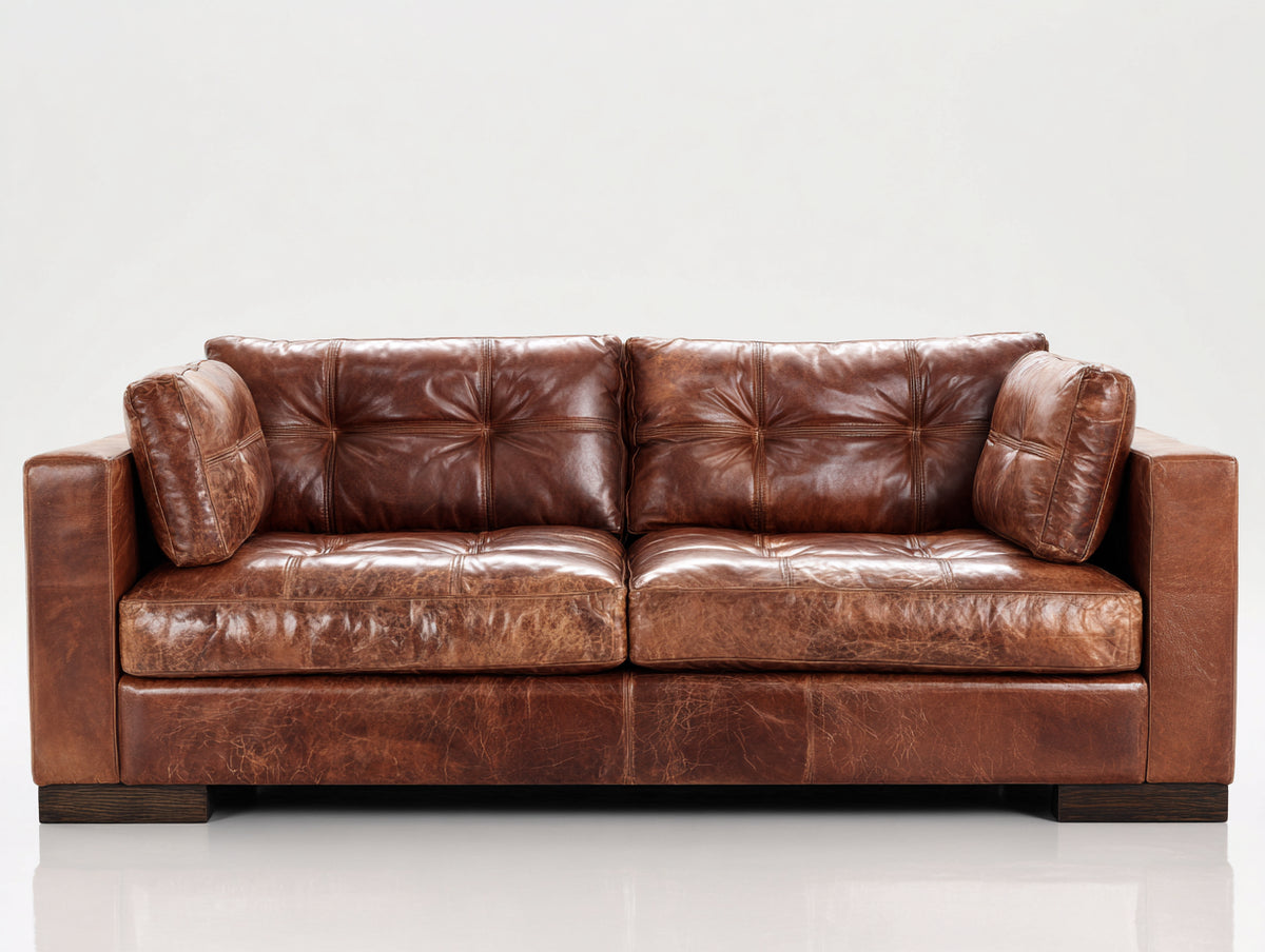 Canapé 2 places - Revêtement effet cuir - 180 x 92 x 82 cm - Marron - Style vintage
