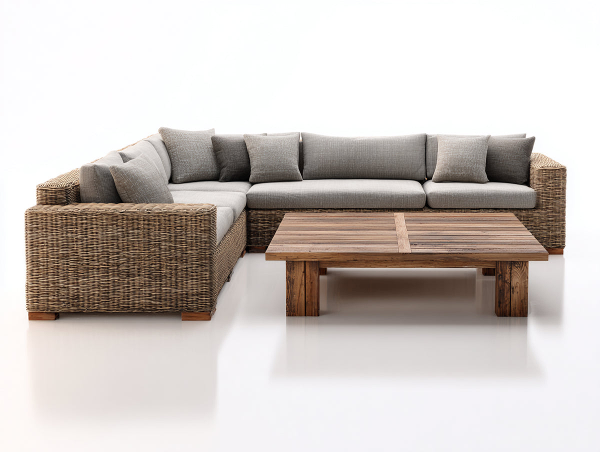 Canapé de jardin - Résine tressée-Tissu-Bois - 300 x 220 x 75 cm - Brun-Grège-Bois naturel - Style contemporain