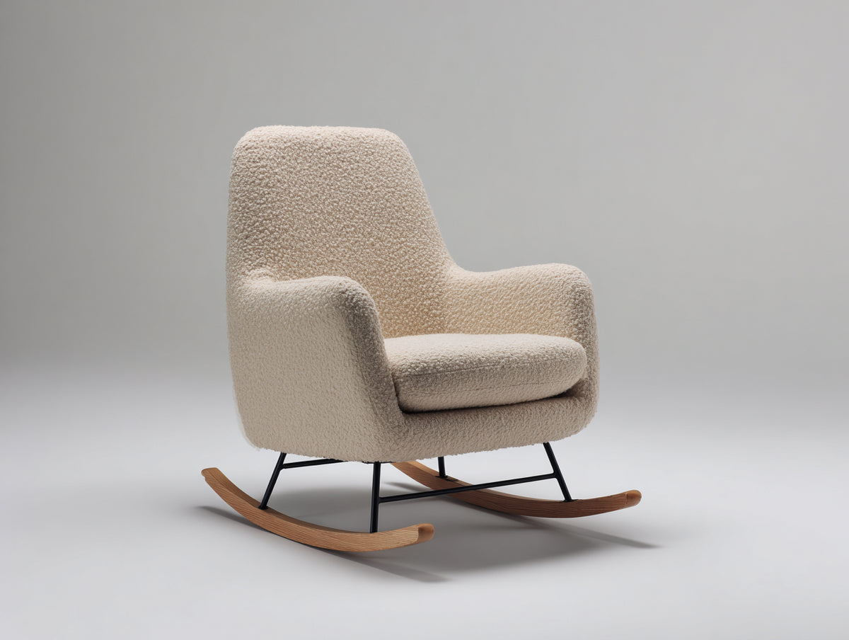 Fauteuil à bascule - tissu bouclé - métal - bois - 88 x 76 x 96 cm - écru-bois naturel-noir - style moderne