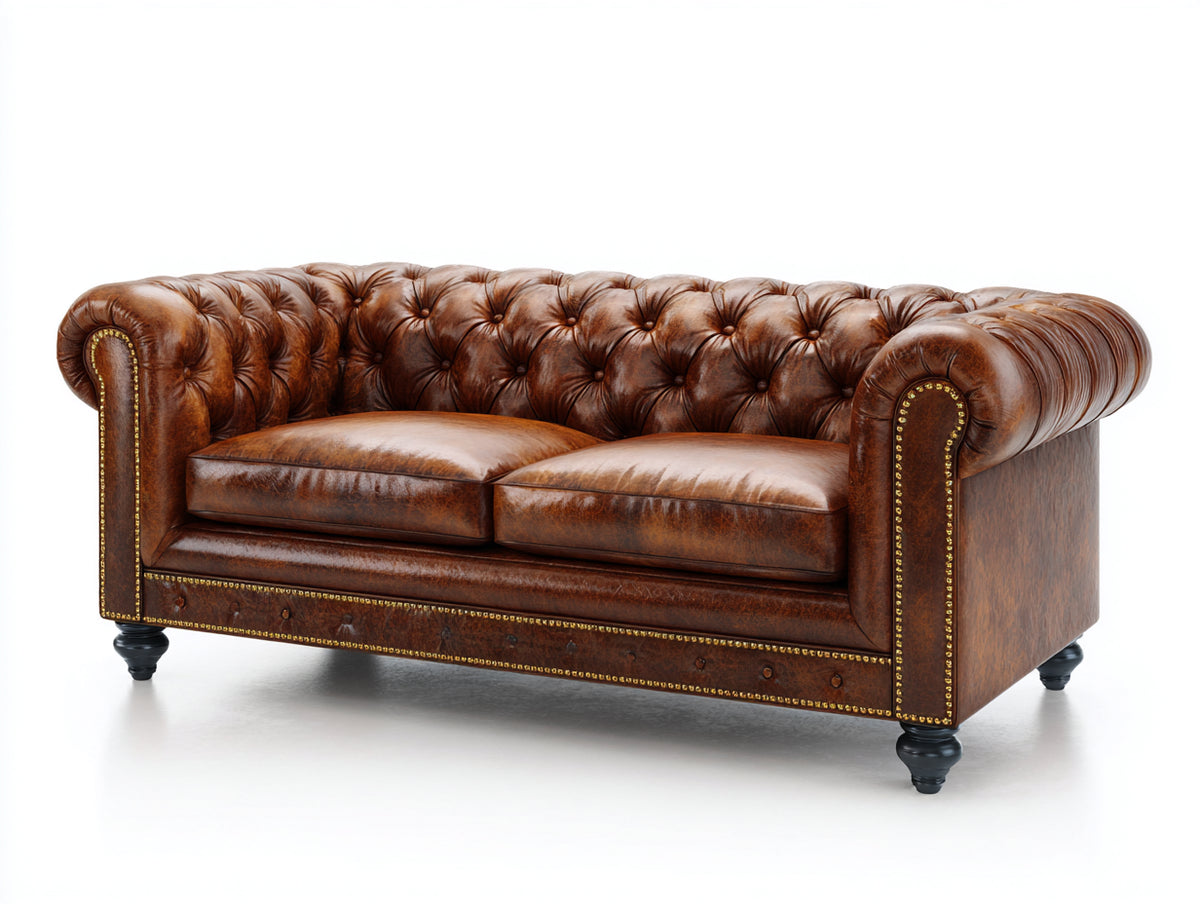 Canapé 2 places - Cuir - 220 x 90 x 80 cm - Marron - Style Chesterfield