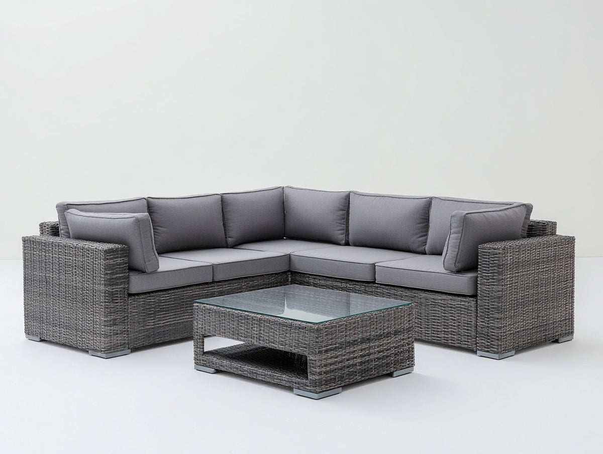 Canapé de jardin - Résine tressée-Tissu-Verre - 240 x 240 x 76 cm - Gris foncé-Gris - Style moderne